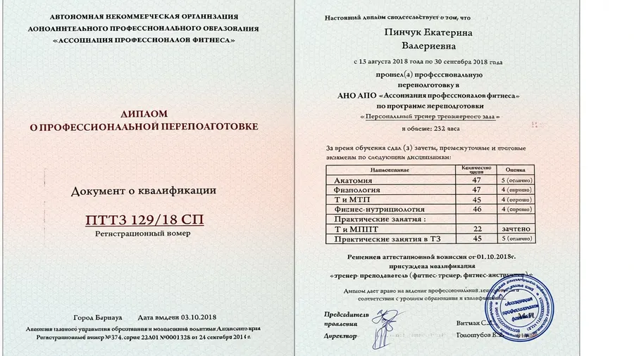 Диплом о профпереподготовке — персональный тренер тренажёрного зала (2018)