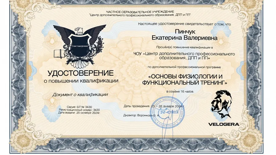 Удостоверение — основы физиологии и функциональный тренинг, Velogera (2024)